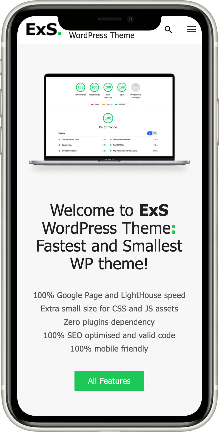 ExS Fastest and smallest WordPress theme mobile preview