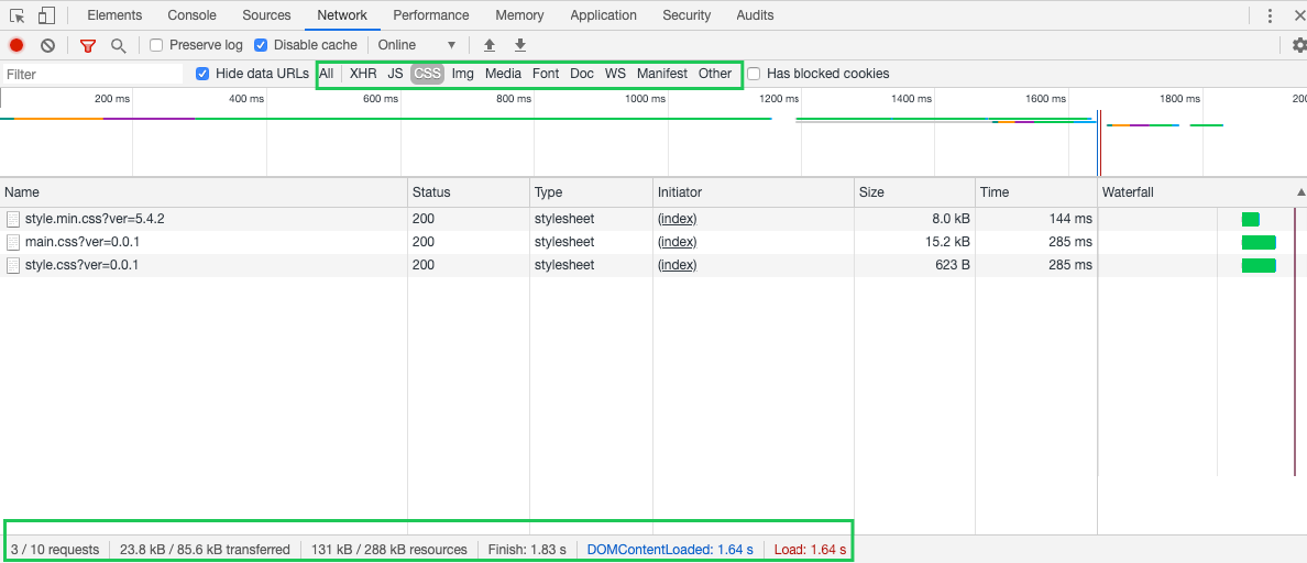 DevTools filters for different type assets