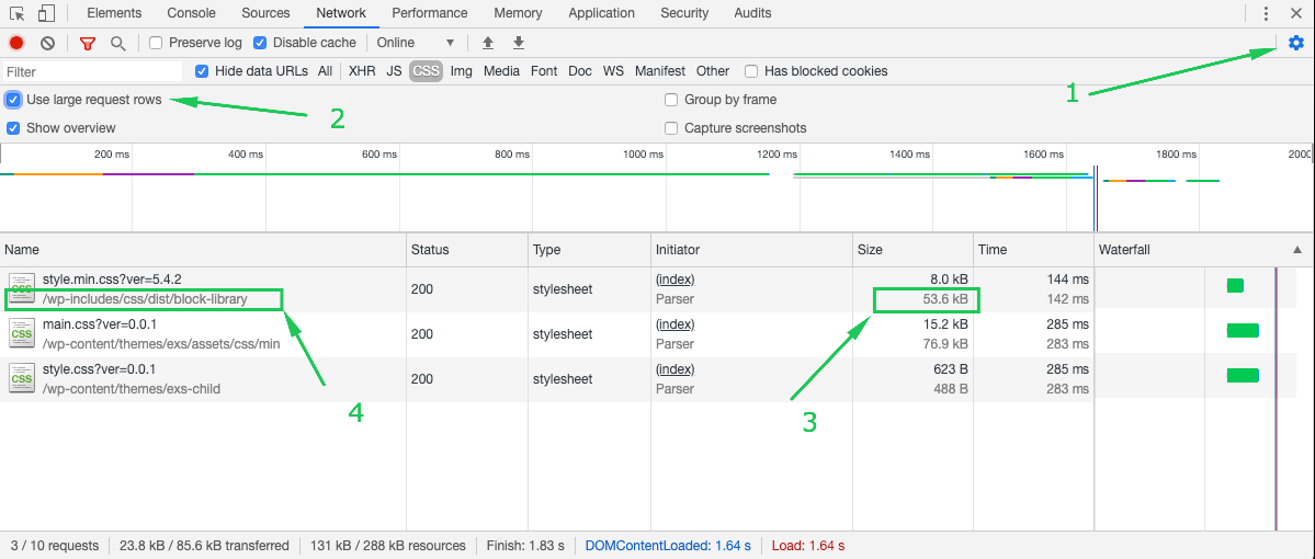 DevTools assets full info and load page speed