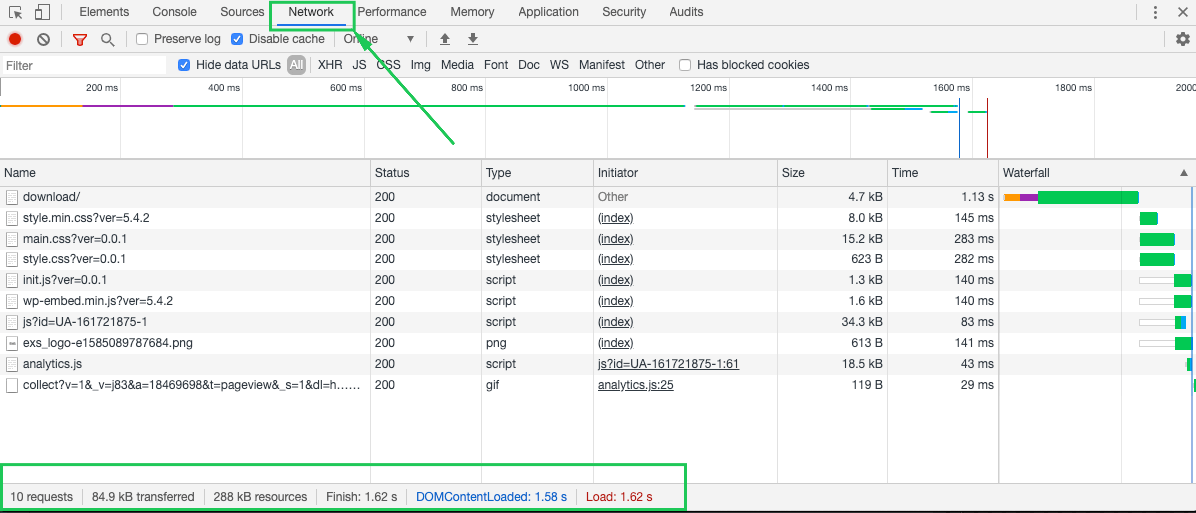 DevTools Network Tab with page statistics