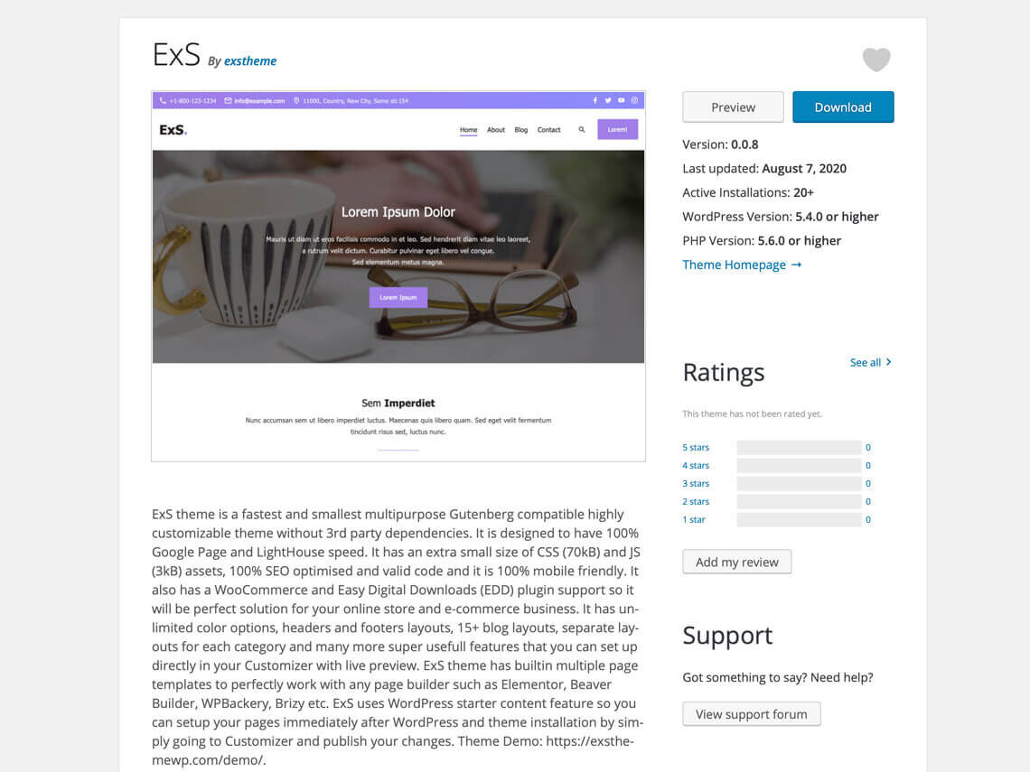 Fastest WordPress theme – ExS – is now available on the WordPress.org