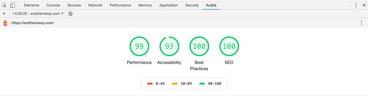 Google Lighthouse page speed test results