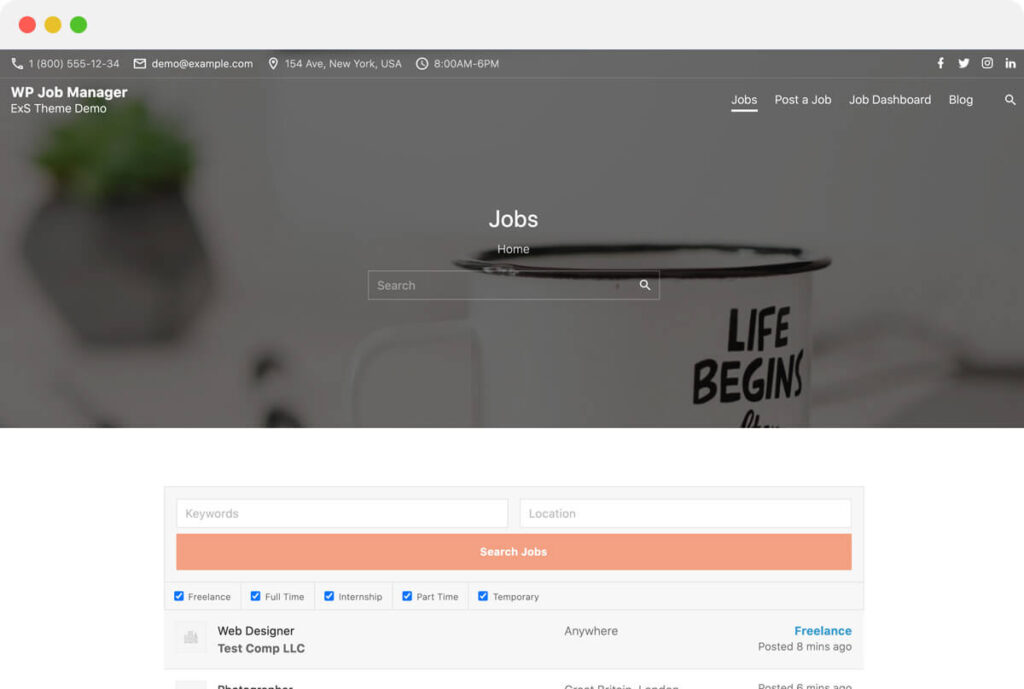 ExS theme demo for Job Board WordPress site with WP Job Manager plugin support