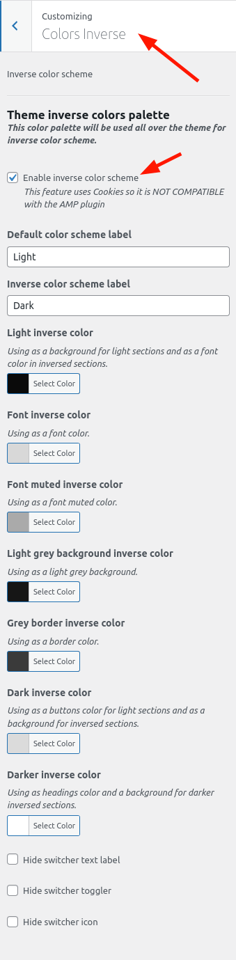 Light and Dark Color Scheme for WordPress settings for Switcher