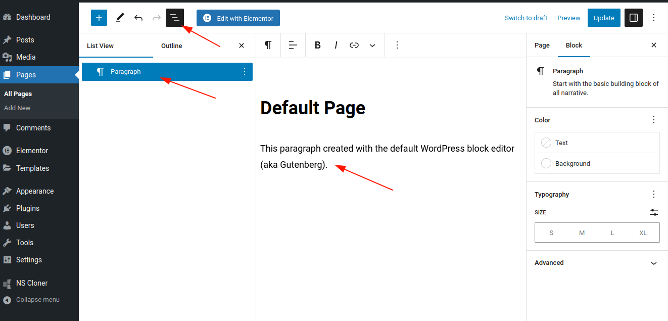 create default page with paragraph