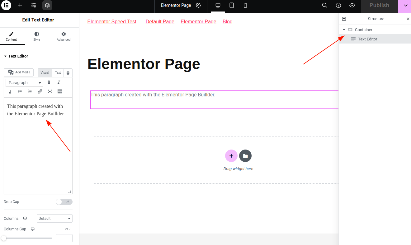 create elementor page with paragraph