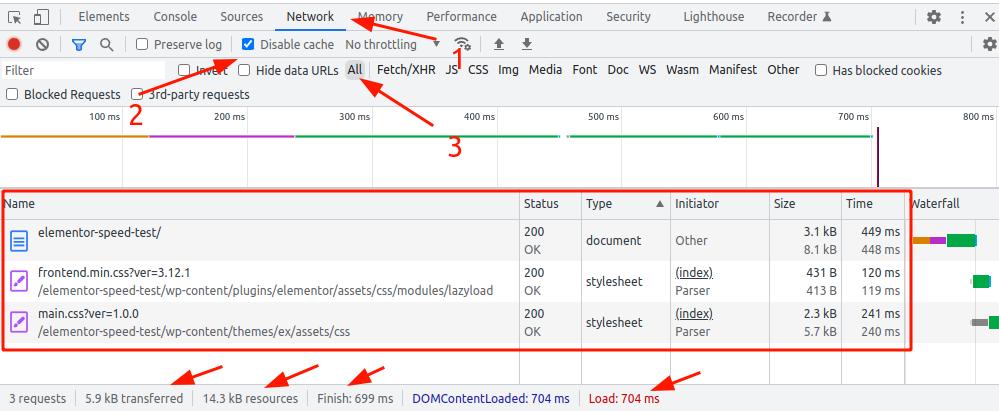 default page dev tools network check