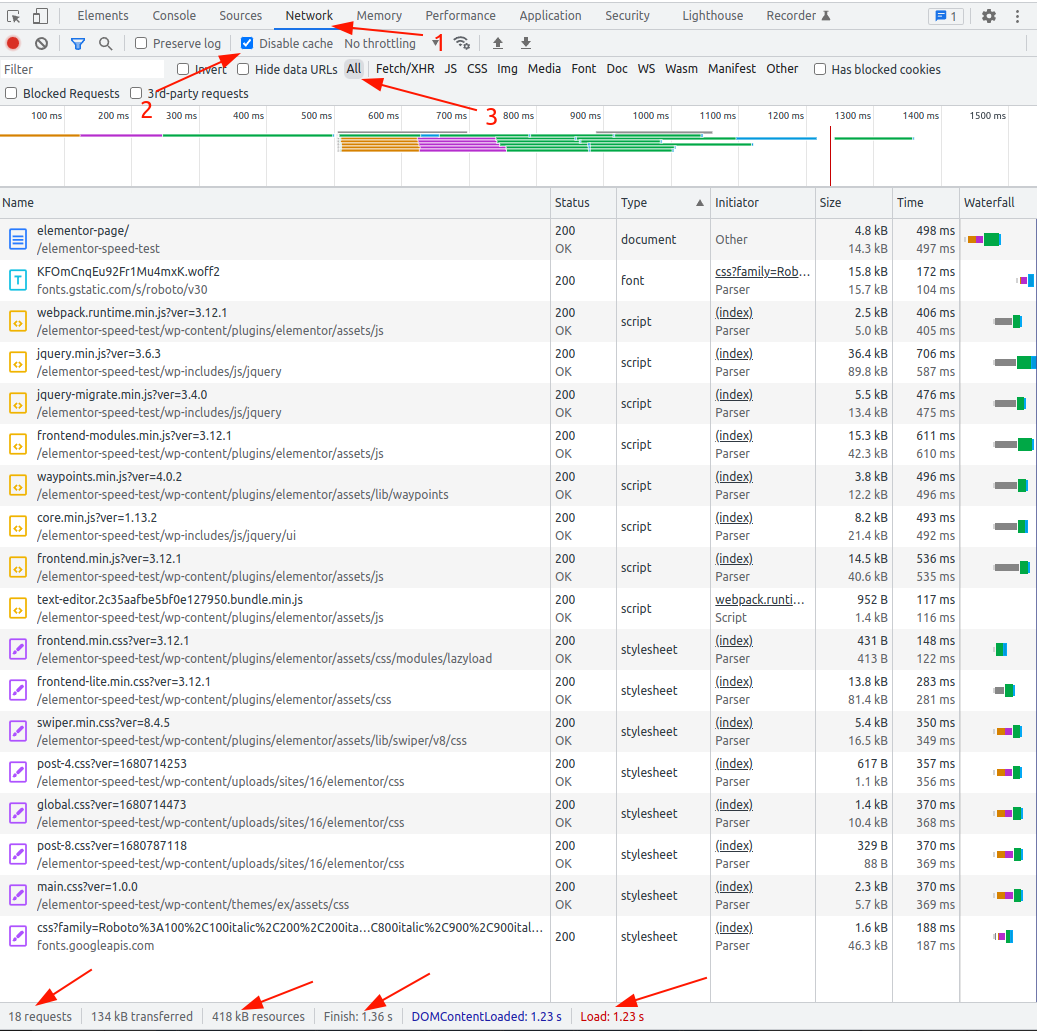 elementor speed test - dev tools network check