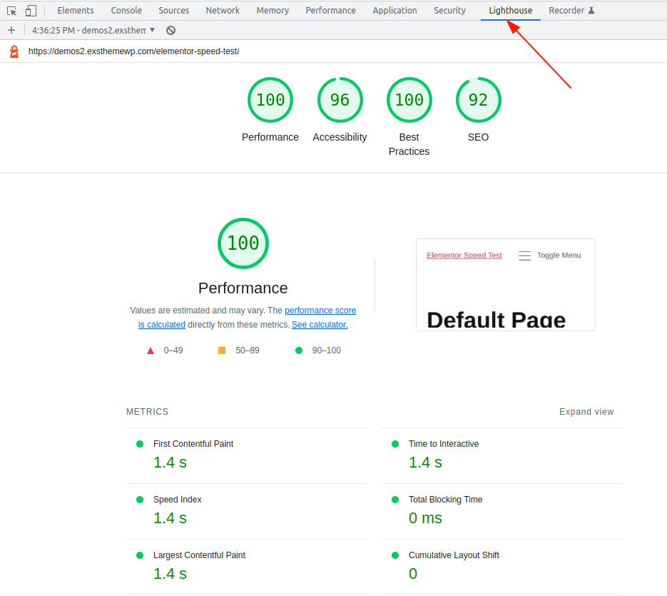 default page lighthouse speed test
