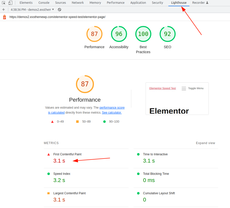 elementor speed test - lighthouse speed test